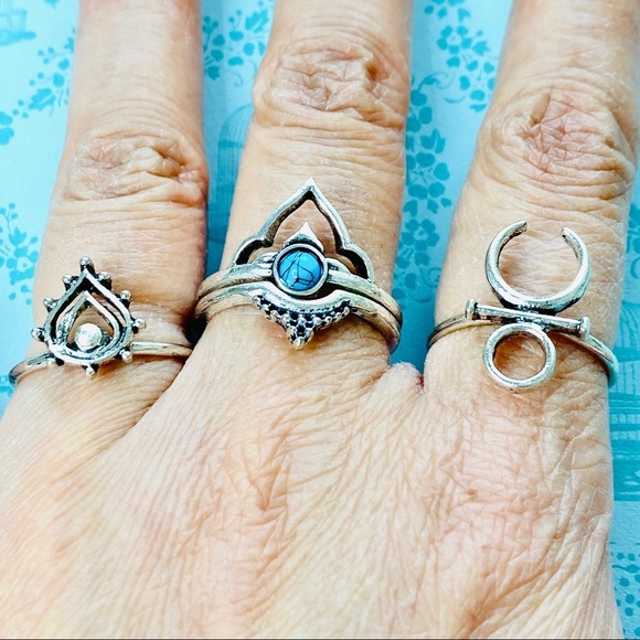 Boho Goddess Turquoise Moon Silver 4pc Ring Set - Picture 3 of 6